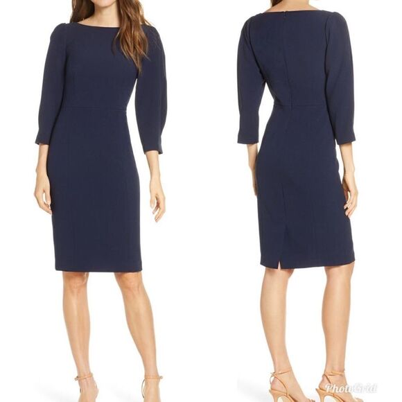 Revolve ELIZA J Pleated Sleeve Sheath Navy Blue Midi Dress - Picture 1 of 6